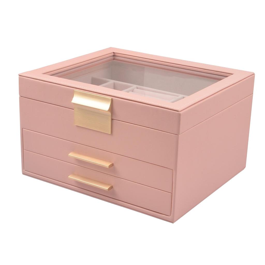 Gold Three-Layer Jewelry Box with Window for Necklaces and Earrings