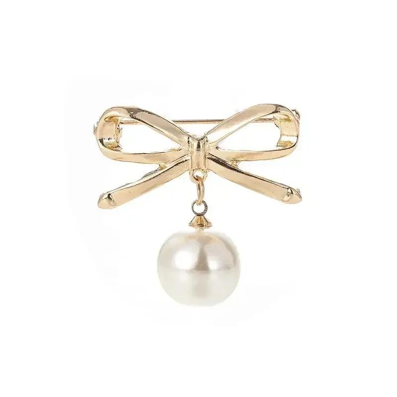 Elegant Simple Bow Brooches for Women Bowknot Pin Pearl Pendant Safety Lapel Pins Wedding Jewelry Body Accessories Creative Gift