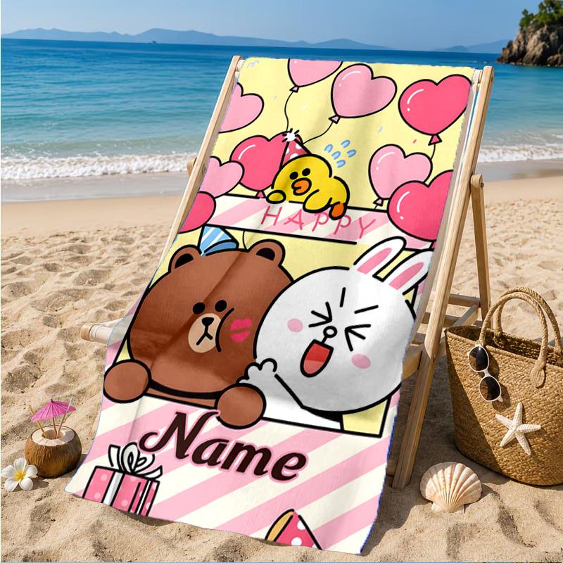 Custom Name Cute Cartoon Brown Bear Beach Towel Microfiber Beach Towel, Lightweight and Quick-Dry, for Summer Travel, Swimming Pool Gift
