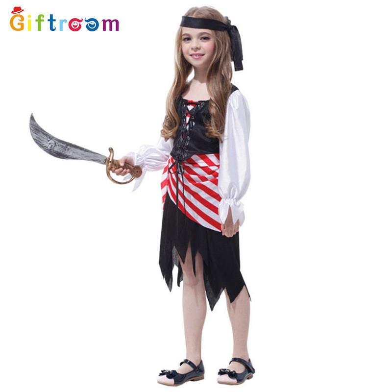 Enchanting Pirate Costume For Girls With Striped Irregular Hem For Halloween Fun
