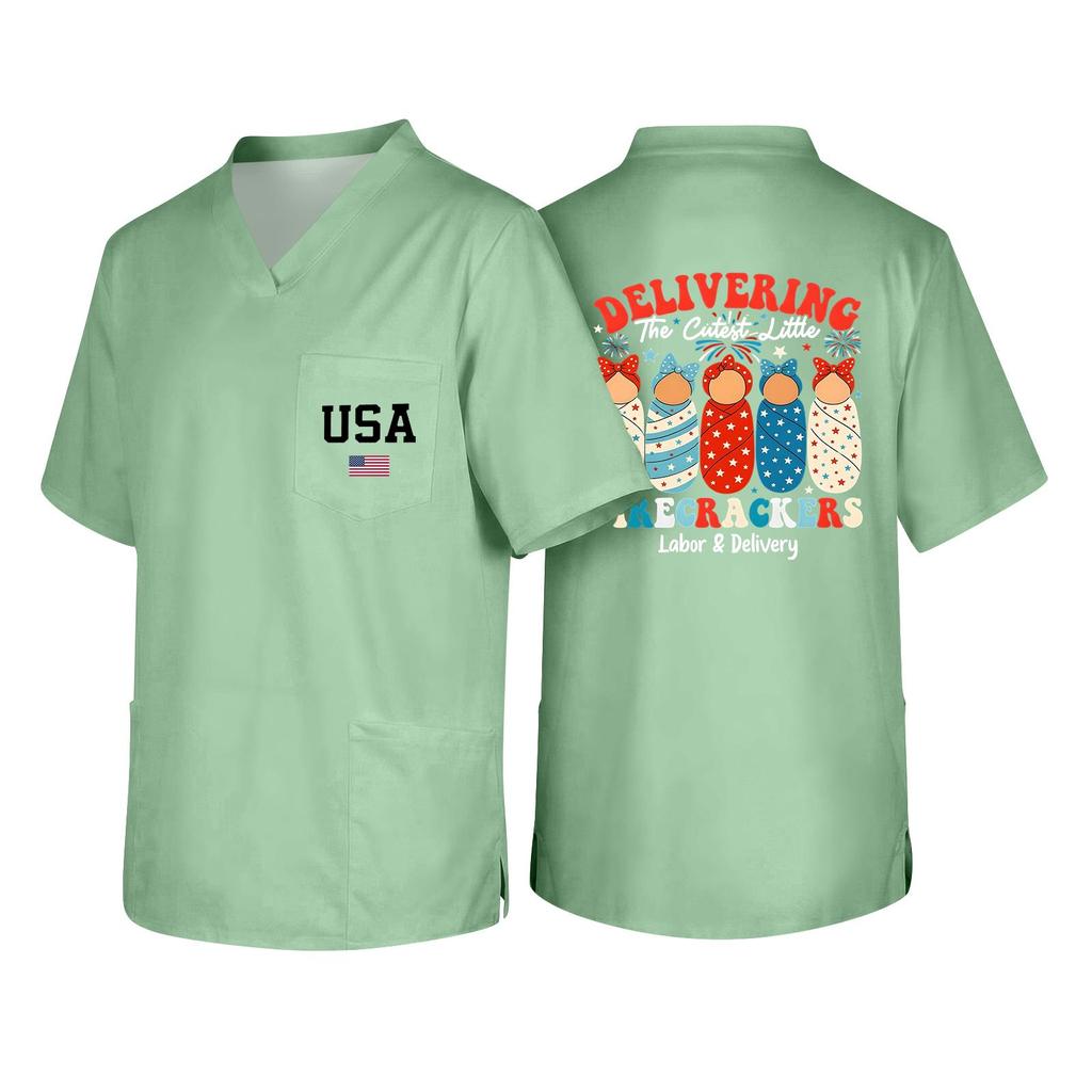 Men's Short Sleeve V Neck Work Shirt Nurse Uniform Top with Pocket USA Print Casual Fit Medical Scrub Tee for Healthcare Professionals