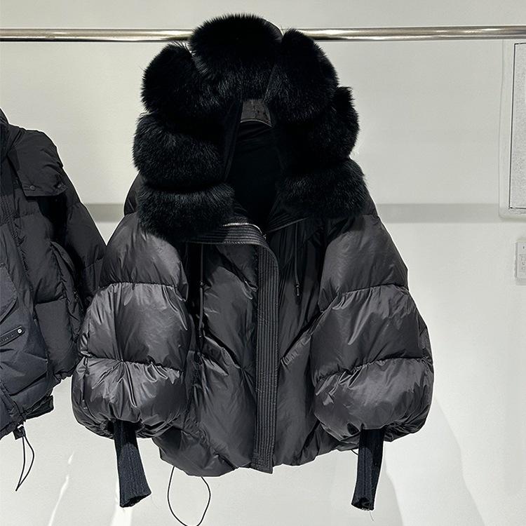Winter Large Real Fur Hooded Puffer Jacket Women Thicken Warm Knitted Sleeve Coat White Duck Down Mid Long Parka