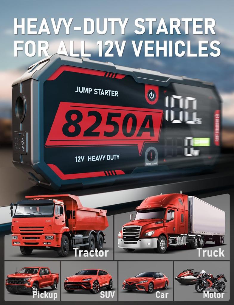 2025 8250A Heavy Duty Jump Starter | USB-C, LED Display, IP65, -40°F Ready, 10 Protection Systems