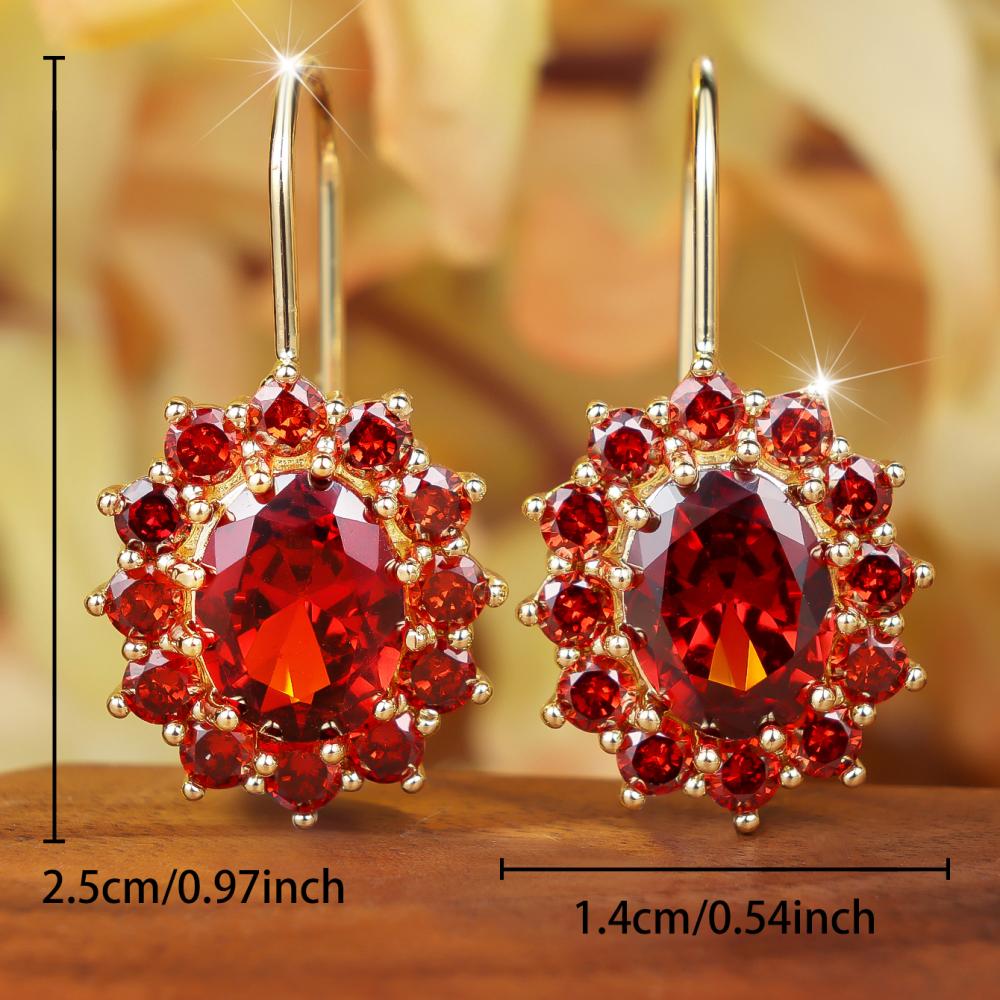 Luxurious Gold Color Sunflower Oval Red Zircon Dangle Earrings for Women Daily Wear and Party