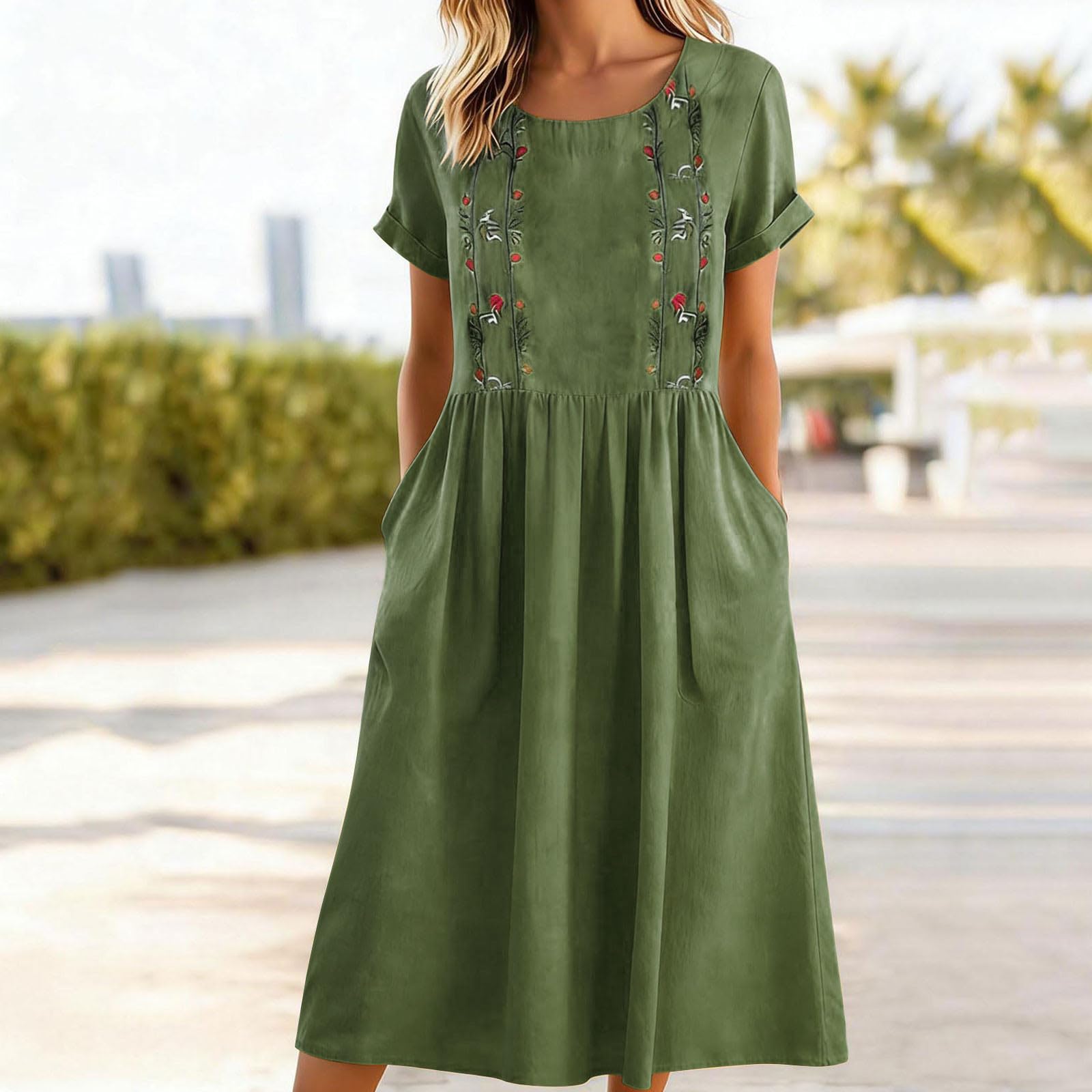Women s Sleeveless Double Pocket V-neck Zip-up Collar Ruffled Hem A-Line Dress XXL