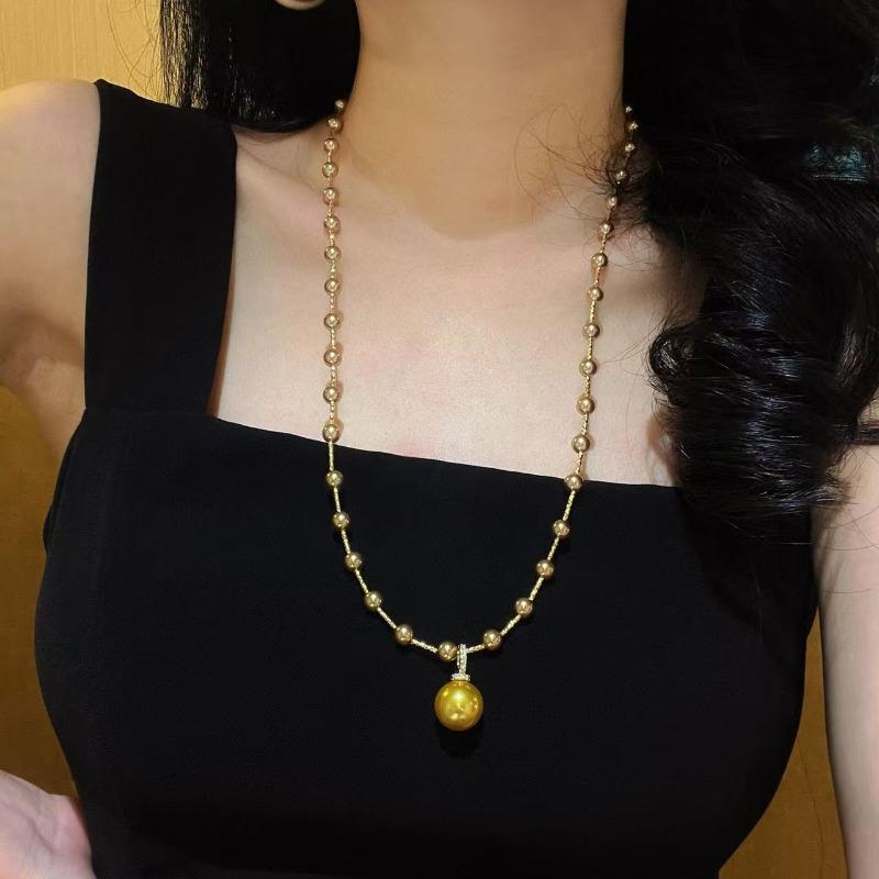Gold Plated Stainless Steel Golden Pearl Pendant Beaded Chain Necklace золотой
