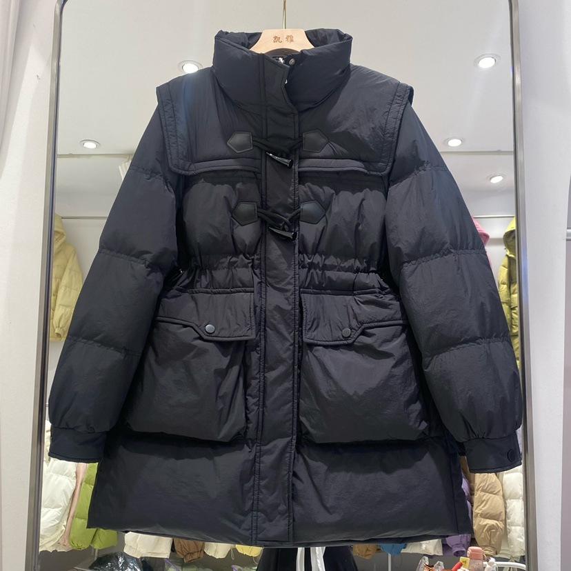 2024 Herbst und Winter College-Stil mittellange und lange Daunenjacke Damen koreanische Version Puppenkragen Hornschnalle verdickte weiße Entendaunenjacke