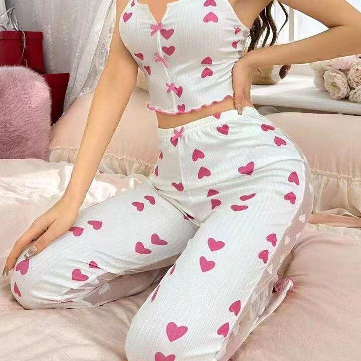 Set de pijama european și american cu imprimeu plasă: Pijama de casă din două piese pentru femei