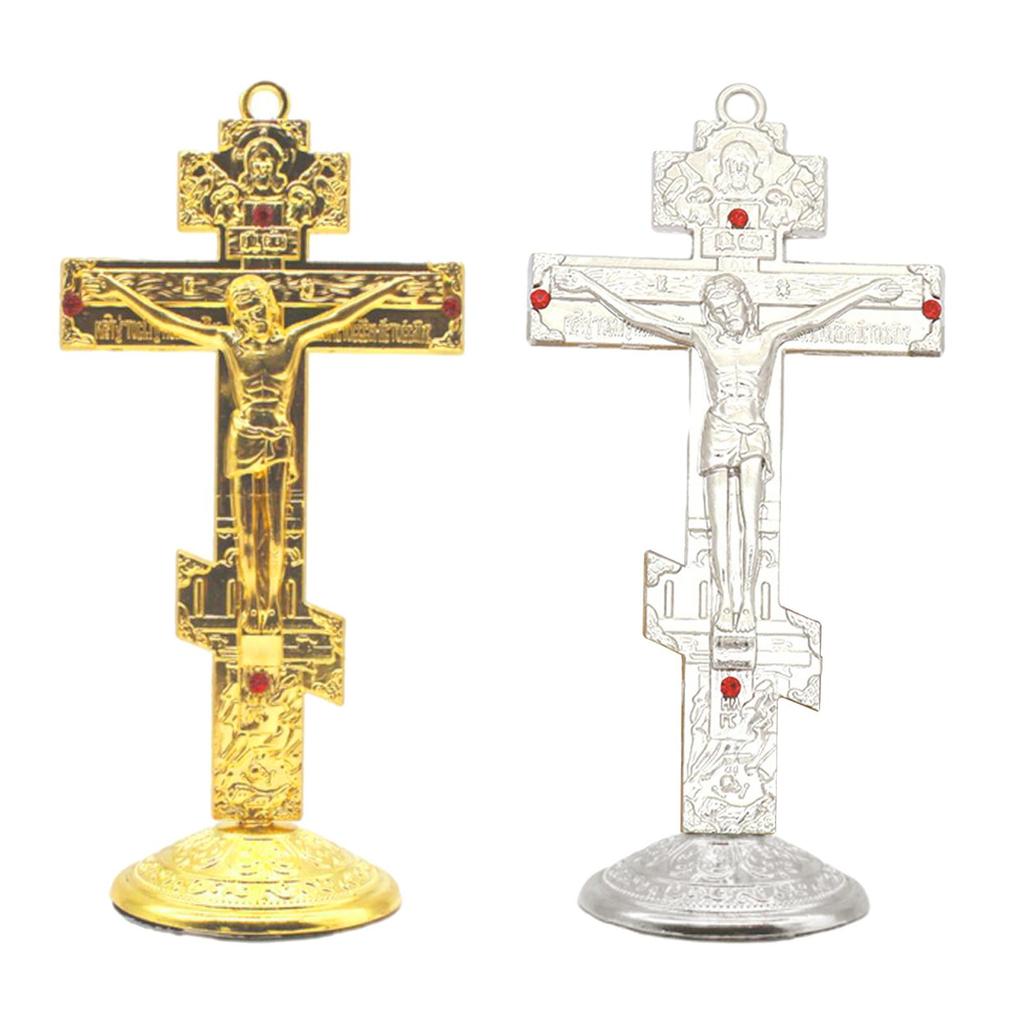 Jesus Cross for Desk 6.7x14cm with Base Religious Gifts Tabletop Ornaments Standing Crucifix Metal Jesus Cross Statue