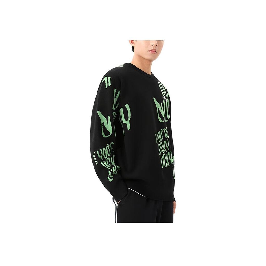 Anta Lucky You Skateboard Letter Print Round Neck Casual Pullover Long Sleeve Knit Sweater Unisex Tops Basic-Black Starry-Green 172348703S-2