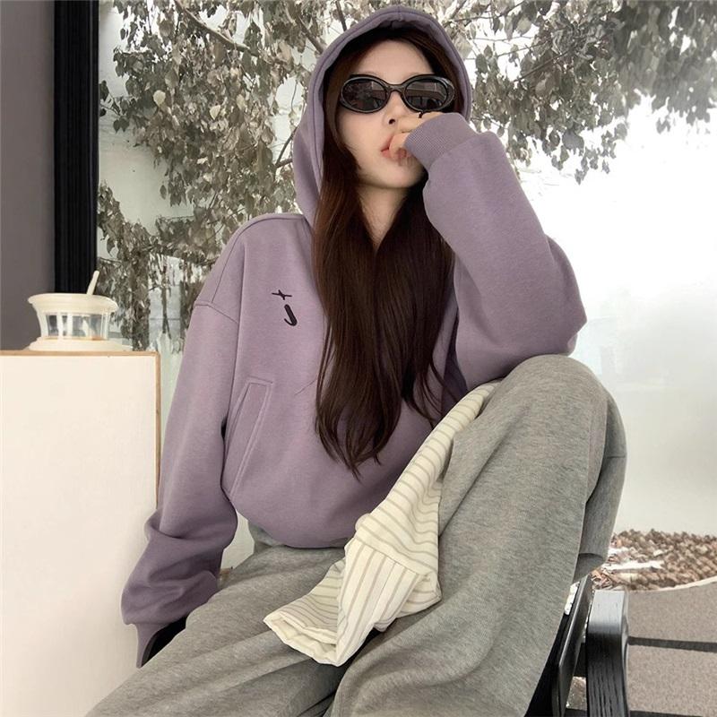 

Women s Embroidered Hoodie Casual Loose Fit Fleece Lined Drawstring Pullover XXL фіолетовий