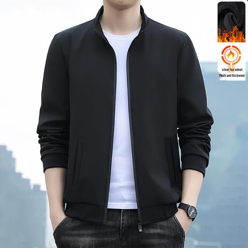 

Men s Autumn/Winter Velvet-Lined Casual Baseball Jacket - Versatile Solid Color Stand Collar Outerwear 4XL (Recommended for 160-180 lbs)