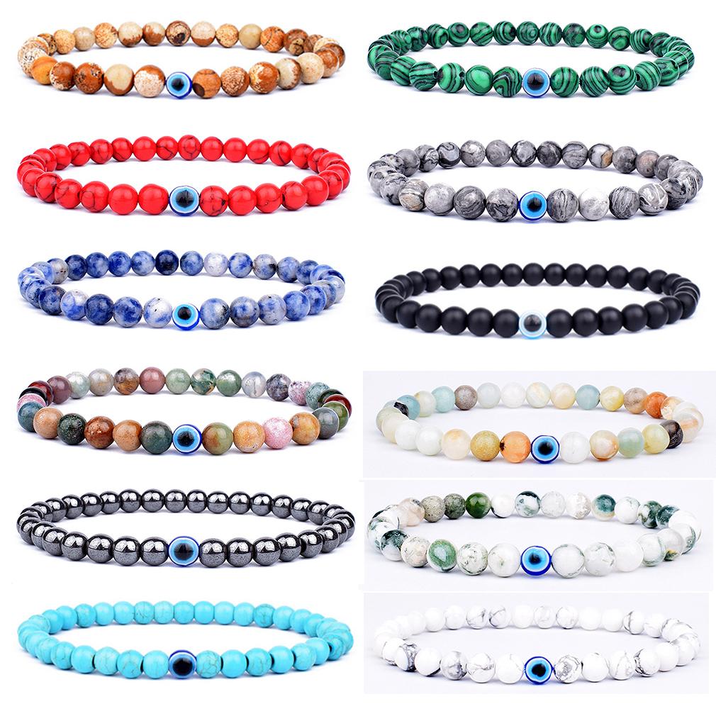 MKENEDN 6mm Natural Stone Beads Evil Eye Bracelet Reiki Hematite Elastic Bracelets For Men Women Hand Jewelry Pulseras Homme