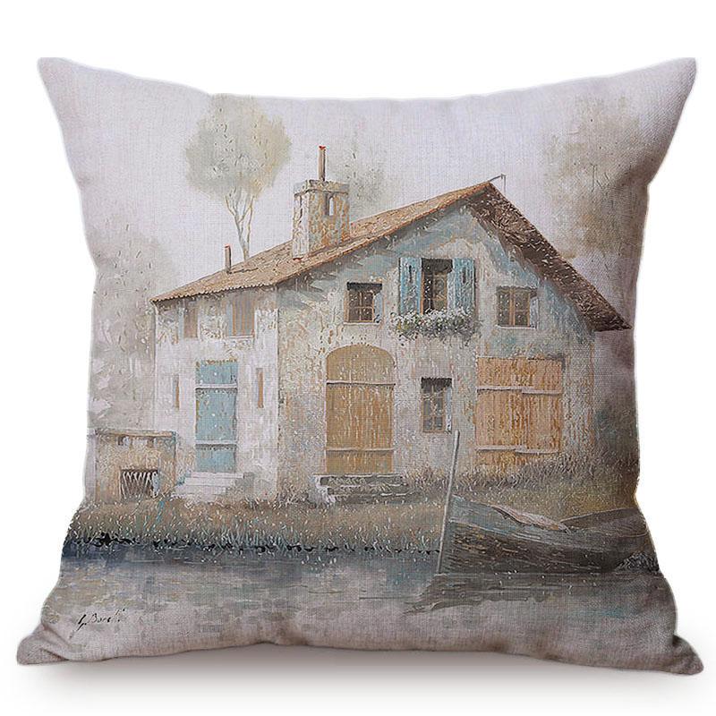 Hermoso Paisaje Rural Cabaña Feliz Recuerdo de la Infancia Pintura al Óleo Funda Decorativa para Cojín de Sofá Funda para Cojín de Coche Cojines