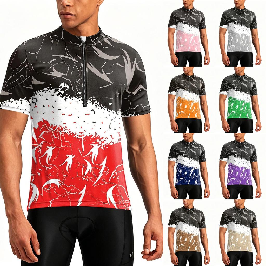 Men's Crew Neck Printed Zipper Breathable Quick Dry Short Sleeve Cycling Jersey with Abstract Pattern for Outdoor Sports Activities