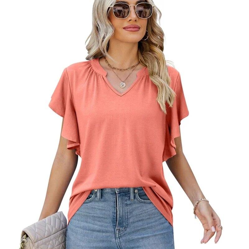 2026 Summer Casual Ruffled Edge Women Tshirt V-neck Fashion Solid Color Tee Shirts Elegant Pleated Loose Simple Blouse 30610