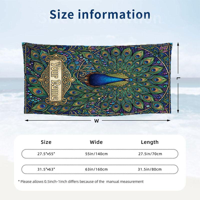 Peacock Art Nouveau 1 Theme Quick Dry Beach Towel Custom Name Text Print Large Sand Resistant Towel Beach Vacation