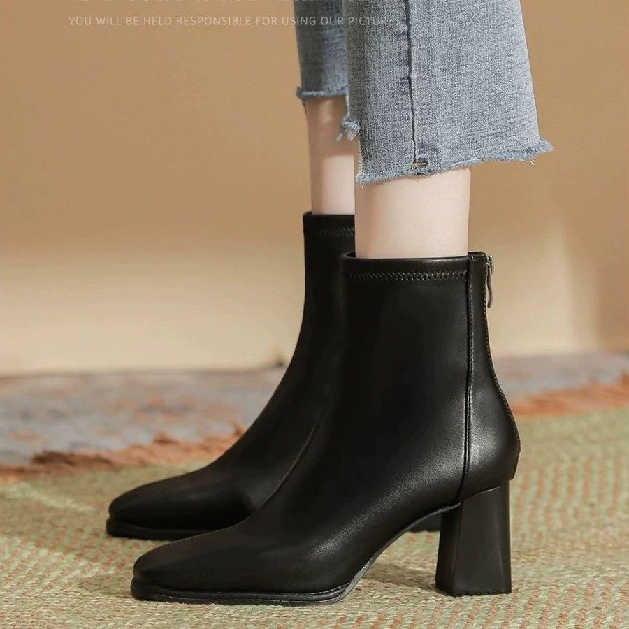 Square Toe Heeled Women's Ankle Boots Autumn Winter Leather Fashion 2025 Booties Designer Luxury High Quality Female Short Shoes