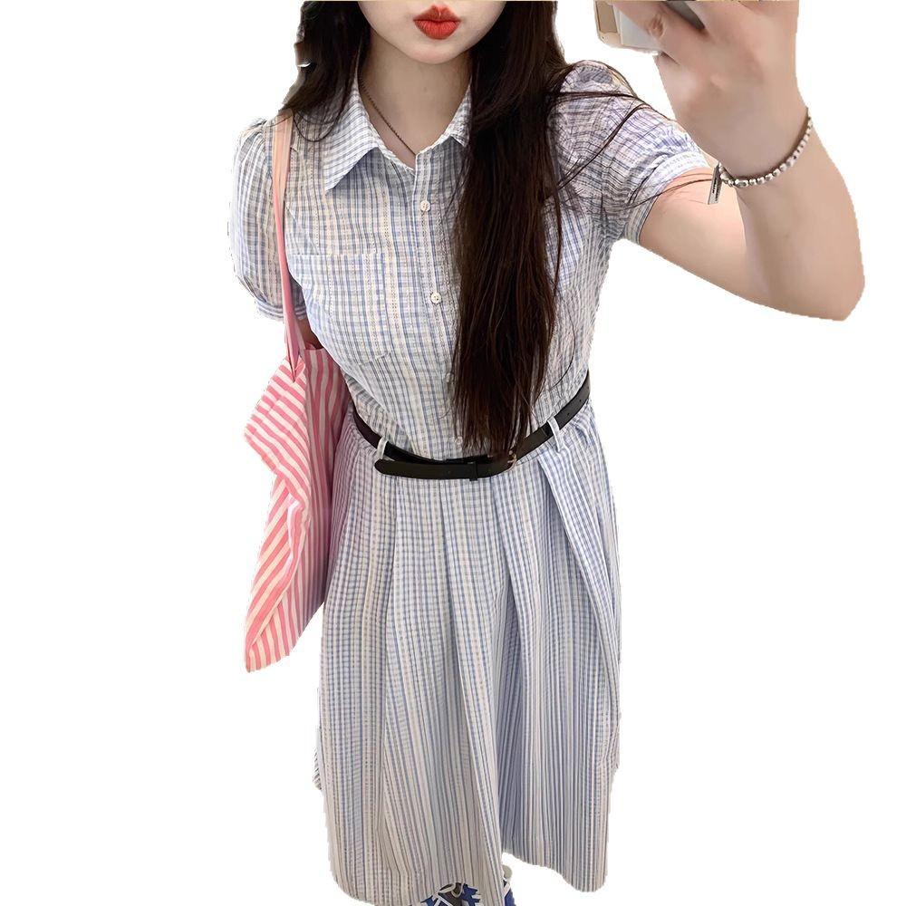 French Blue Striped Shirt Dress Women's Clothing Summer New Waist and Thin Temperament A-word Long Dress