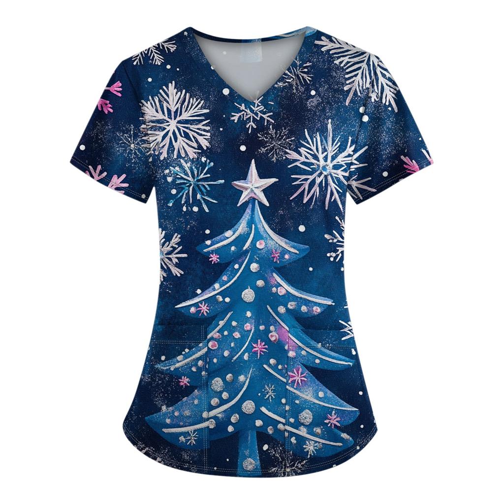 Women's Short Sleeve Christmas Printed V-Neck Pocket Uniform Top