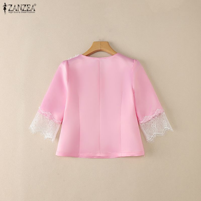ZANZEA Women Casual V-Neck Lace Crochet Splice 3/4 Sleeve Blouse