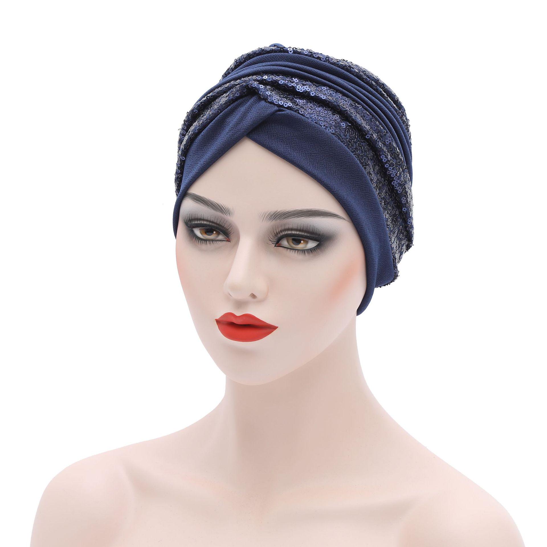 Neuer Stil Grober Leinen-Patchwork Pailletten Afrikanisches Kopftuch & Indischer Ethnischer Hut One Size navy blau