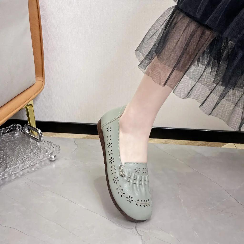 Fashion Leather Casual Women's Flat Shoes Round Toe Low Heel Elegant Beige Vacation Chic Luxury Brand 2025 Trend Social Ladies Footwear