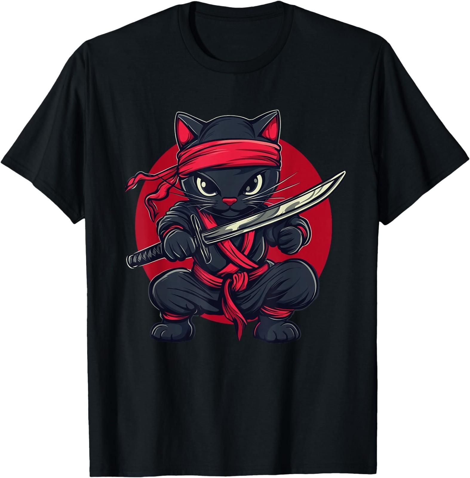 Cat Ninja Samurai Japan Japanese Flag Kawaii Funny Graphic T-Shirt XXXL