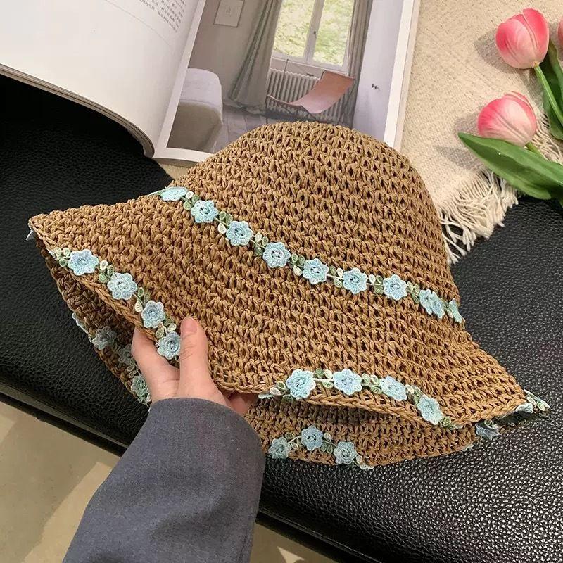 

Big Brim Sun-Proof Straw Hat Summer Beach Vacation Ethnic Style Hat Women s 2025 New Style Fisherman Hat Sun Hat Khakis blue flower One size