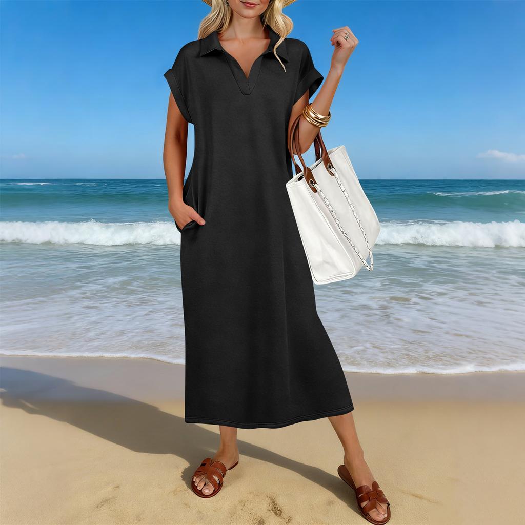 Letnia Casualowa Sukienka Midi Damska z Krótkim Rękawem i Dekoltem V, Luźny Krój, Rozcięcie na Dole, Sukienka T-Shirtowa Maxi na Plażę i do Kurortu