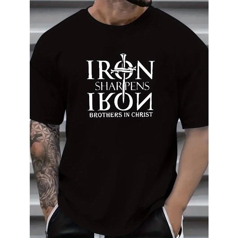 European sizes Men's Casual Round Neck T-Shirt, Iron Sharpens Iron Brothers in Christ Print, Short Sleeve, Loose Fit