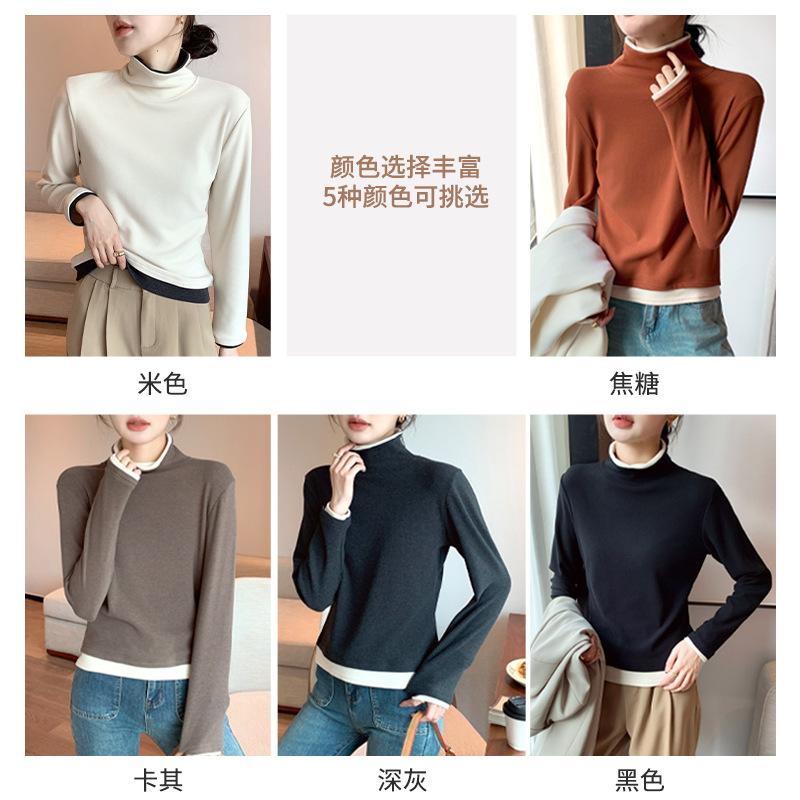 H36 New Spring and Autumn Fake Two-piece T-shirt Blouse Stacked with Splicing Contrasting Color Turtleneck