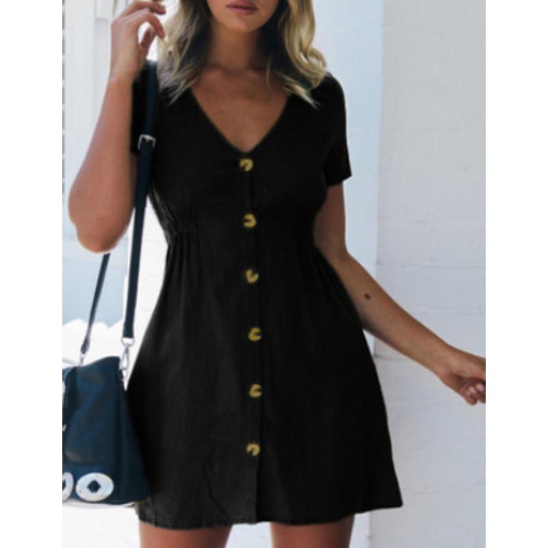 

QICED Fashion Summer Spring Solid Color Print Short Sleeve V-Neck Casual Dresses XXL чорний