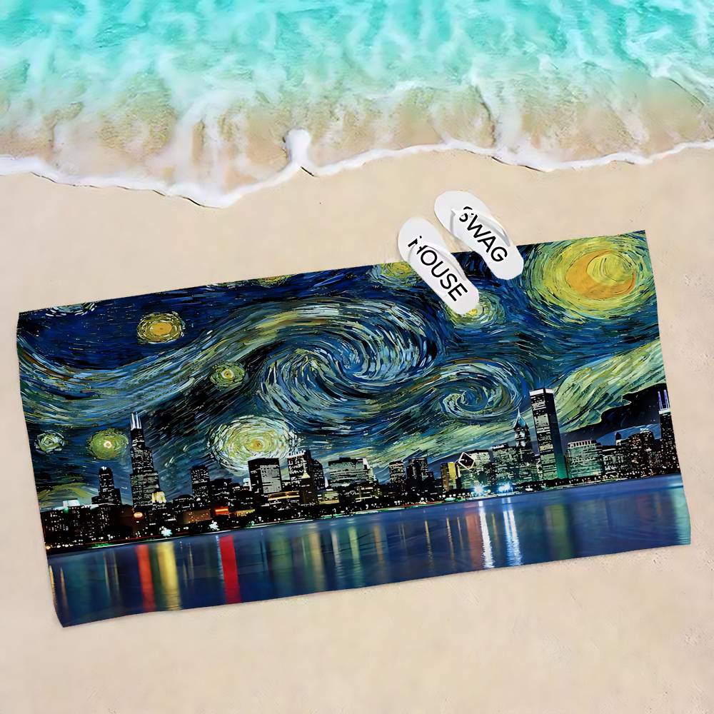 Van Gogh Starry Sky Art Microfiber Printed Beach Towel Mountain Climbing Yoga Beach Swimming Running Absorbent Soft Towel