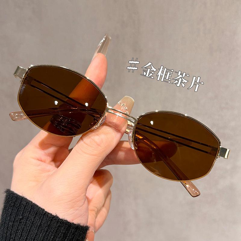 Vintage Old Money Style Metal Half-Rim Sunglasses for Women, Sun Protection, High-End Black Glasses, Hong Kong Style Fashion Sunglasses