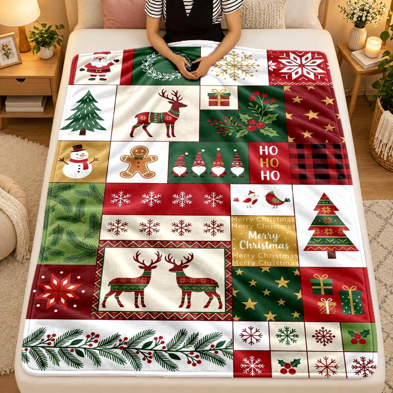 Christmas Theme Flannel Blanket, Warm Soft Throw Blanket, Xmas Holiday Home Gift
