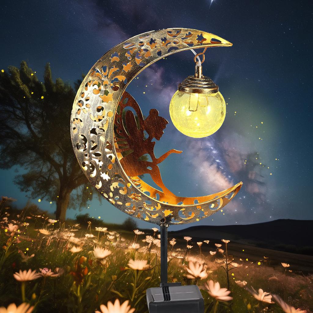 1 Pc Solar Outdoor Garden Lights The Moon and The Fairy Fairy Lights Waterproof Crackle Glass Globe Led Landscape Lighting