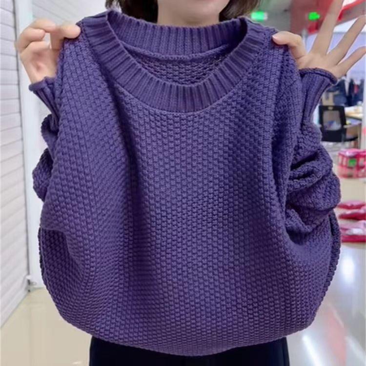 

Thin Sweater Solid-color Long-sleeved Knitted Sweater for Women and Loose Pullover S фиолетовый