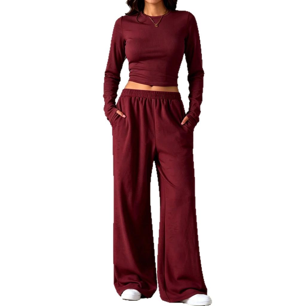 1116 European and American solid color casual knitted suit round neck tight short top drawstring loose mopping wide-leg pants