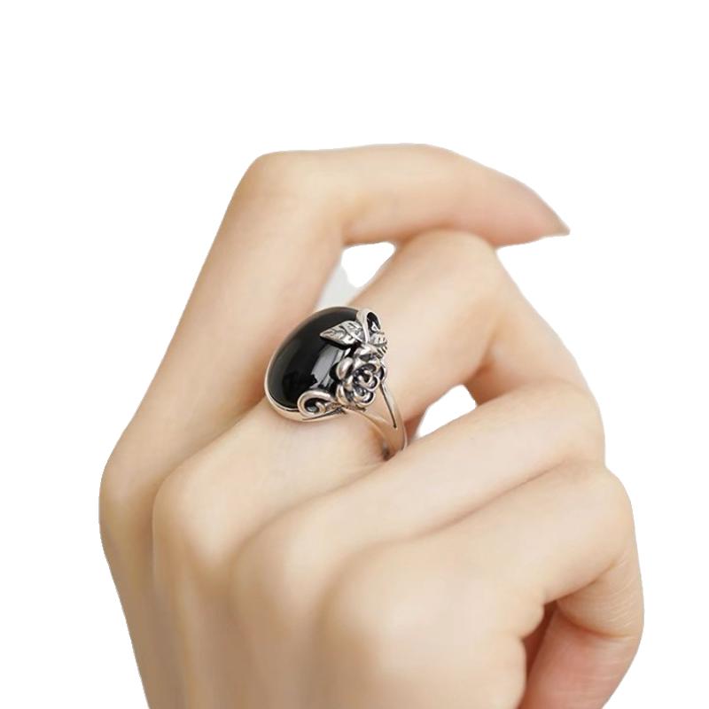 Black Rose Imitation Chalcedony Ring Women Niche Light Luxury Retro Design National Style Literature and Art National Tide
