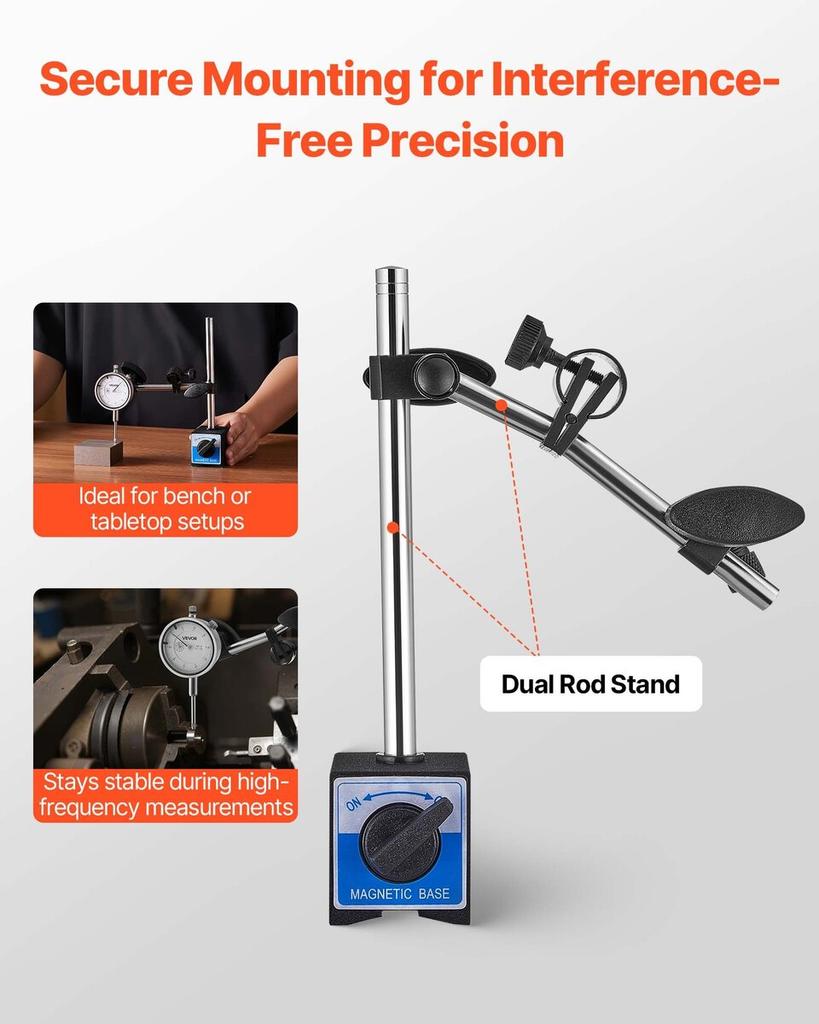 Dial Test Indicator with Dual Rod Stand and Storage Case, 0.03 Mm Accuracy, 0-25.4mm Range, Fine Adjustable Long Arm, Non-Magnetic Centering Rods for