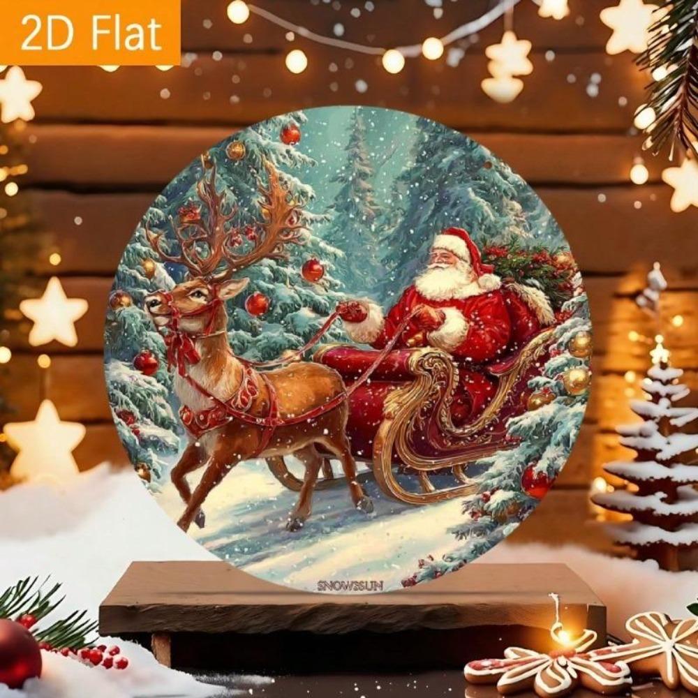 Vintage Christmas Metal Wall Art Santa Claus Reindeer Sleigh Round Tin Sign Holiday Decor Home Office Cafe Bar