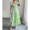 Women's Square Neck Puff Short Sleeve Smocked Floral Print Tiered Midi Dress Elegant Casual Swing Sundress