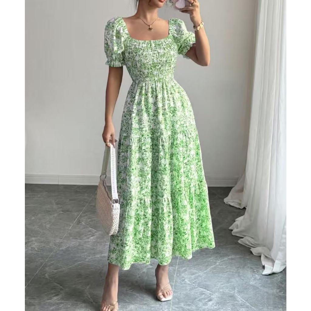 Women's Square Neck Puff Short Sleeve Smocked Floral Print Tiered Midi Dress Elegant Casual Swing Sundress