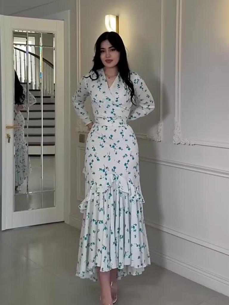 2025 Spring Floral Ruffle Long Dress for Women - Gentle Style