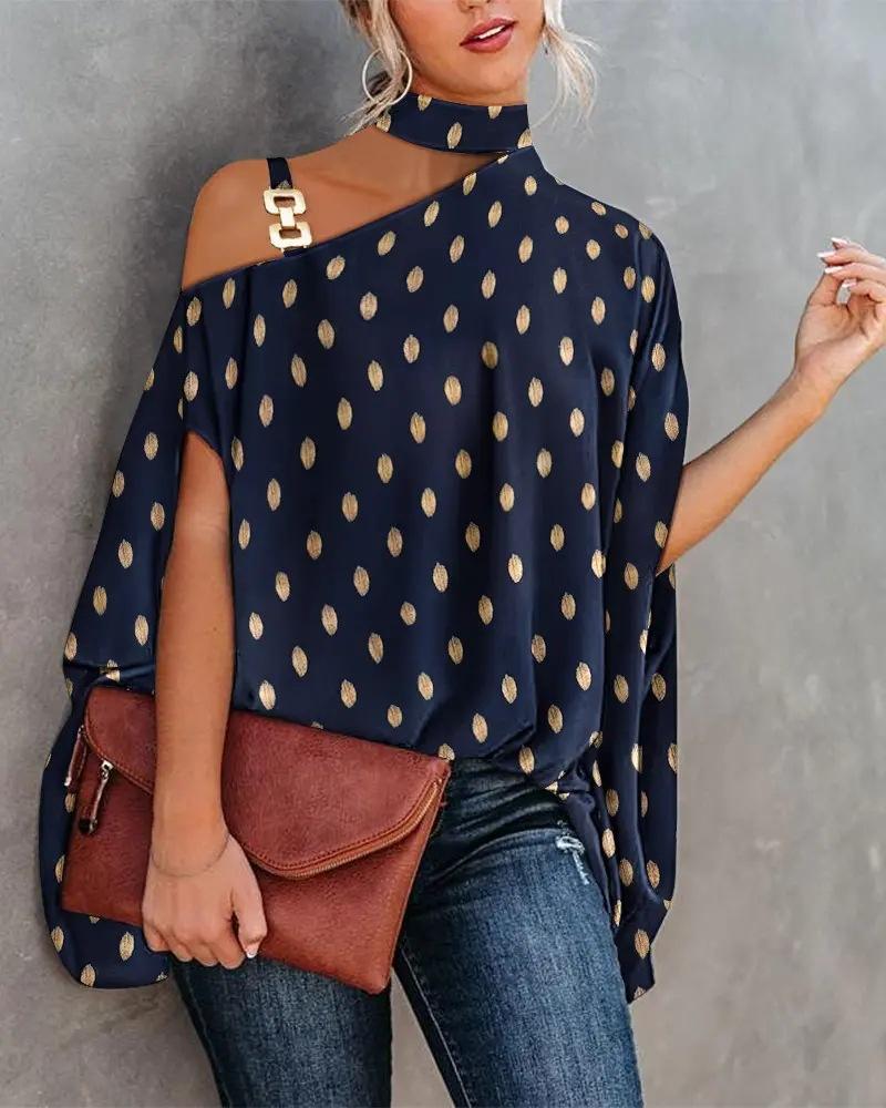 Women's Halter Neck Cold Shoulder Batwing Short Sleeve Loose Mixed Print Summer Blouse Shirt