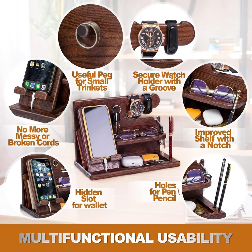 Gifts for Men Wood Phone Docking Station Desk Organizer Fathers Gifts Gifts for Him Xmas Gift Anniversary Birthday Presents Nightstand Key