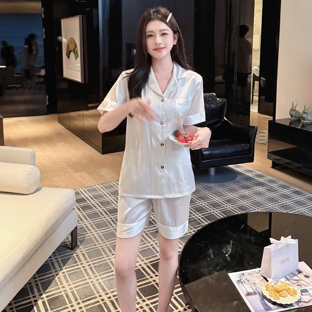 Internet celebrity ice silk striped loungewear women's loose short-sleeved shorts set cool and comfortable can be worn outside pajamas