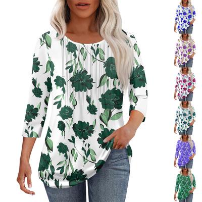 Tricou de damă la modă casual plisat cu gât rotund, casual, cu imprimeu floral, cu mâneci trei sferturi