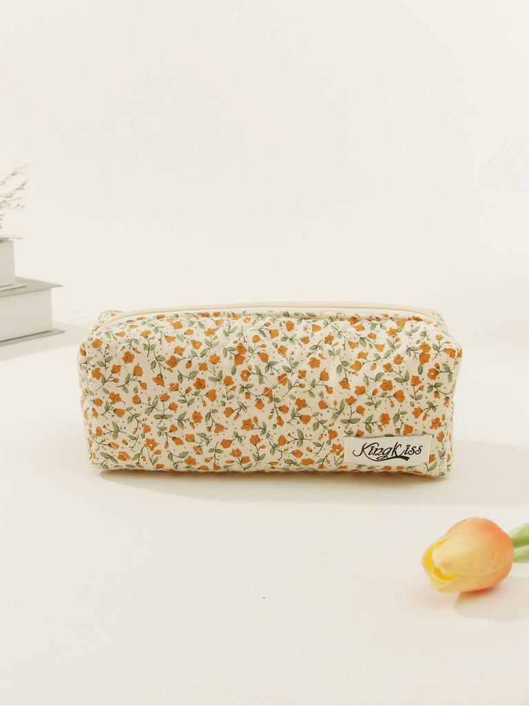 Cute Floral Cotton Pen Pouch Makeup Bag Travel Organizer With Stitching Red/yellow/pink